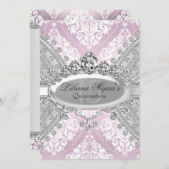 Pretty Silver Pink Damask & Tiara Quinceanera Invitation (Front/Back)