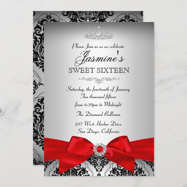 Pretty Silver Red Damask Sweet 16 Invitation (Front/Back)