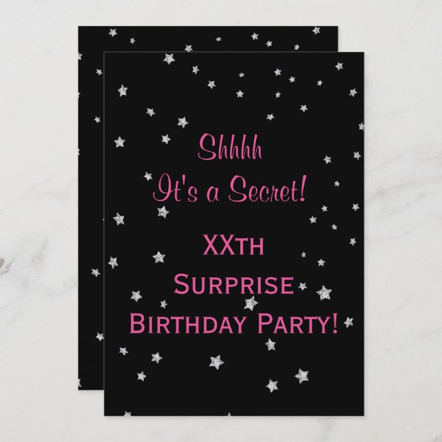 Pretty Silver Stars Surprise Birthday Invitation (Front/Back)