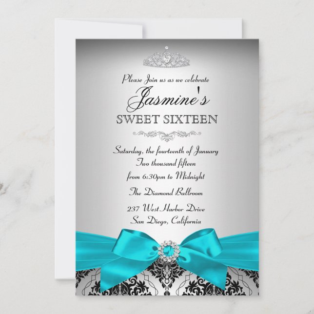 Pretty Silver & Teal Damask Sweet 16 Invitation (Front)