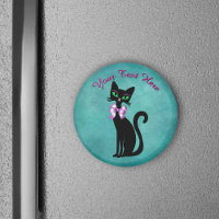 Pretty sitting black cat Pink Bow Green Eyes Teal