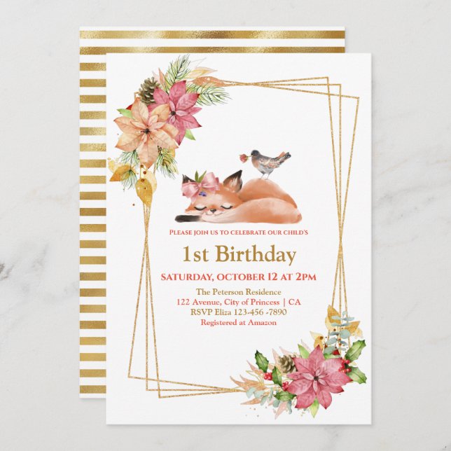 Pretty Sleepy Fox Gold Glitter Girl 1st Birthday  Invitation (Front/Back)