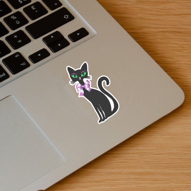 Pretty Slender Black Cat Green Eyes Pink Bow (Pretty slender black cat green eyes wearing pink bow on vinyl sticker.)