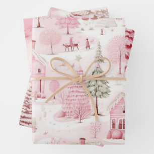 Pretty Snow Scene  Pink Christmas Town Wrapping Paper Sheet