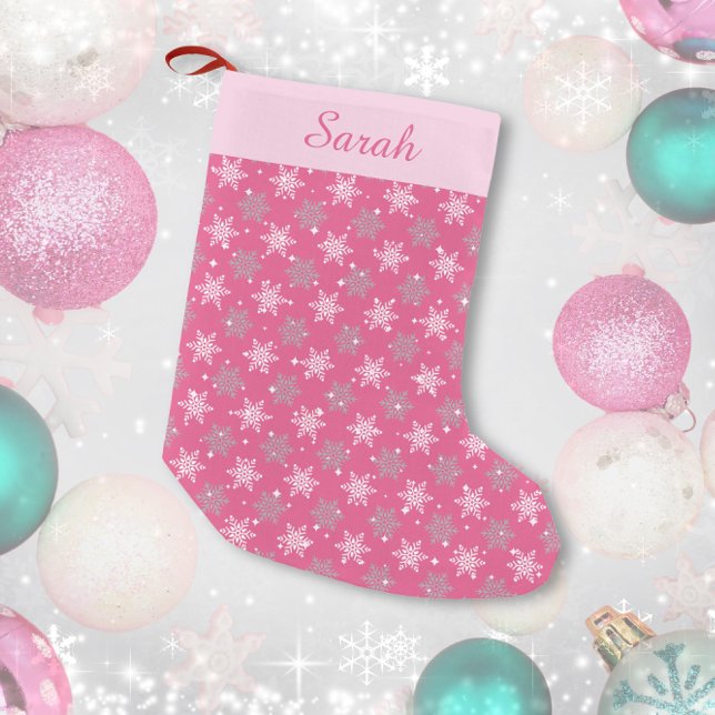 Pretty snowflakes & sparkles hot pink personalised small christmas stocking (Creator Uploaded)