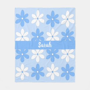 Pretty Soft Blue White Daisy Flower Pattern Name Fleece Blanket