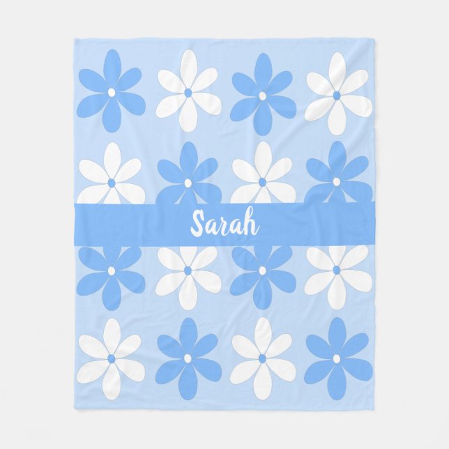 Pretty Soft Blue White Daisy Flower Pattern Name Fleece Blanket (Front)