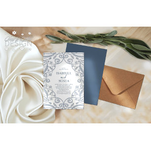 Pretty Soft Dusty Blue Silver Floral Lace Wedding Invitation