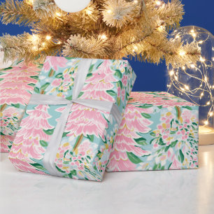 Pretty Soft Pastel Pink & Teal Pine Trees Holiday  Wrapping Paper