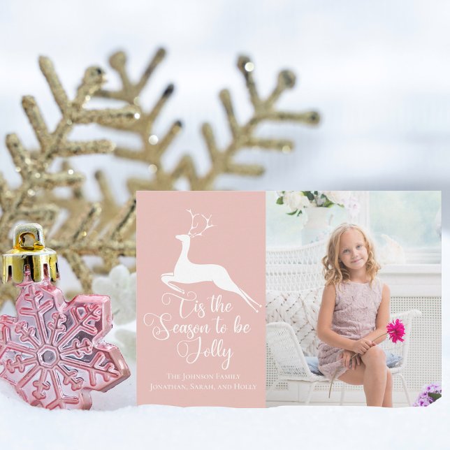 Pretty Soft Pink Christmas Reindeer Kids Photo Holiday Card (Creator Uploaded)