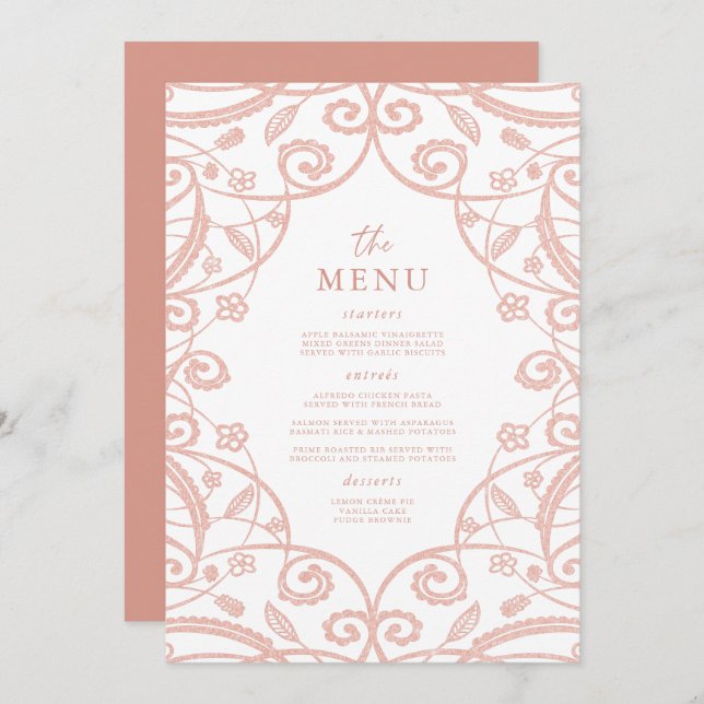 Pretty Soft Rose Gold Glitter Lace Wedding Menu (Front/Back)