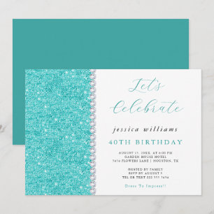 Pretty Sparkle Sequins & Diamonds Teal Birthday Invitation