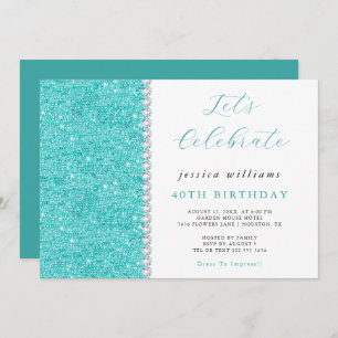 Pretty Sparkle Sequins & Diamonds Teal Birthday Invitation