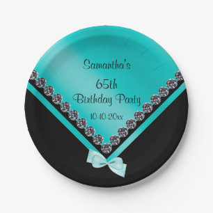 Pretty Sparkly Diamonds & Teal Bow 65th Birthday Paper Plate