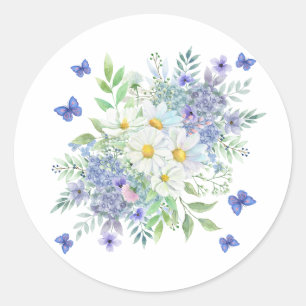 Pretty Spring Daisies, Blue Flowers & Butterflies Classic Round Sticker