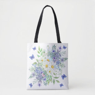Pretty Spring Daisies, Blue Flowers & Butterflies Tote Bag