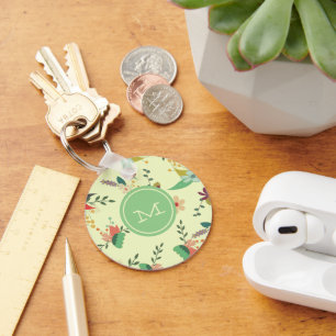 Pretty Spring Floral Mint Monogram Key Ring