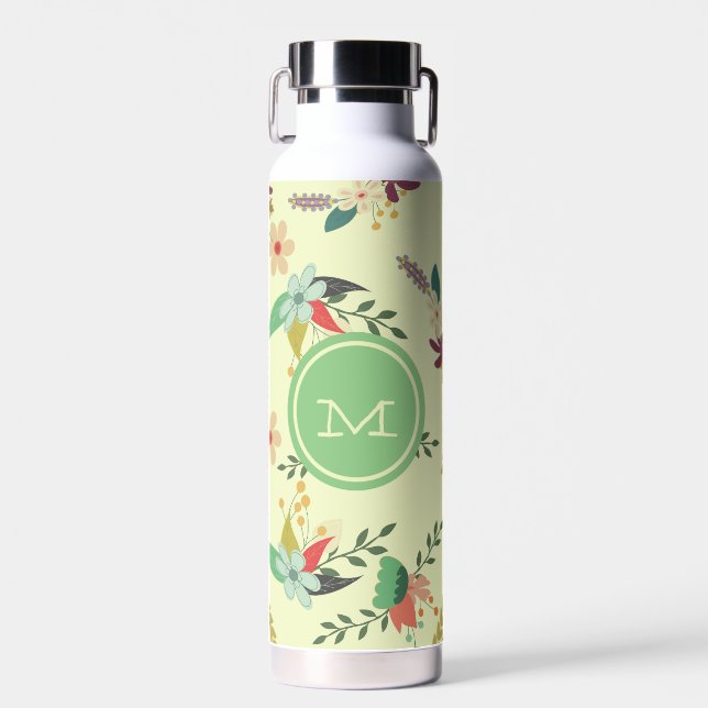 Pretty Spring Floral Mint Monogram Water Bottle (Front)