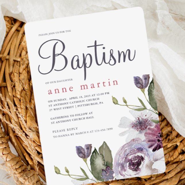 Pretty Spring Floral Purple Flowers Baptism Invitation (Creator Uploaded)