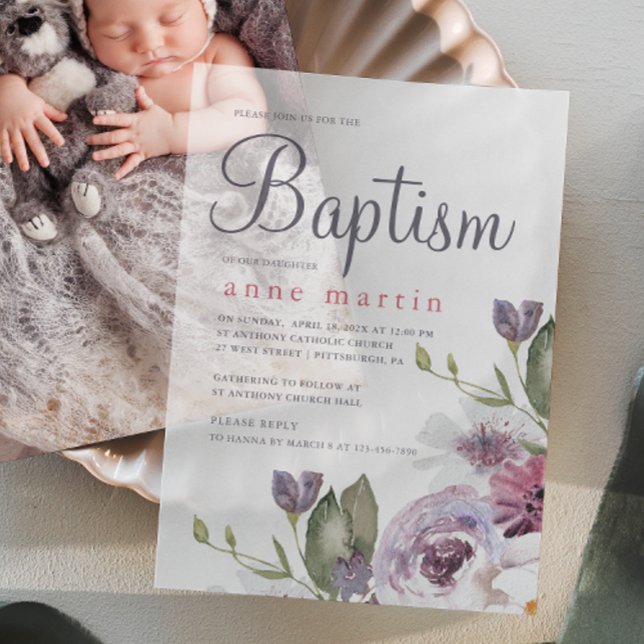 Pretty Spring Floral Purple Flowers Baptism  Vellum Invitations (Creator Uploaded)