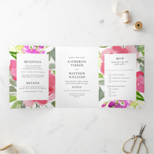 Pretty Spring Floral Watercolor All-In-One Wedding Tri-Fold Invitation