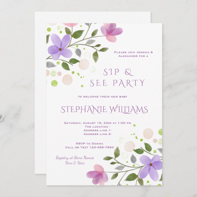 Pretty Spring Floral Watercolor Sip & See Invitation (Front/Back)
