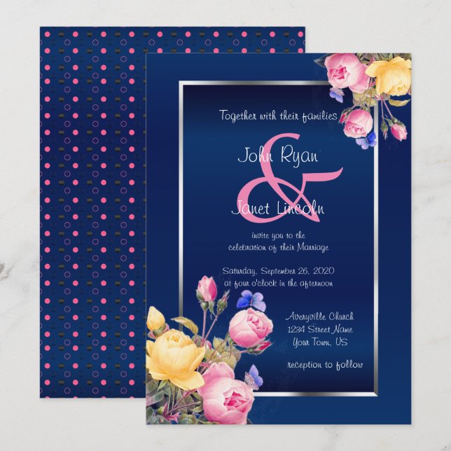 Pretty Spring Flowers on Navy Blue Wedding Invitation (Front/Back)