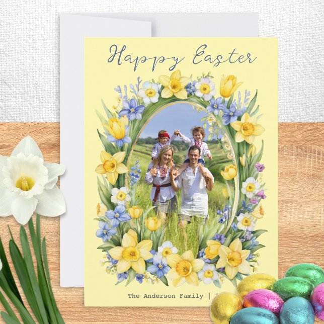 Pretty Spring Flowers Photo Personalised Easter Holiday Card (A pretty Easter card with 'frame' of Spring flowers, to personalize with a photo, name(s) and year)