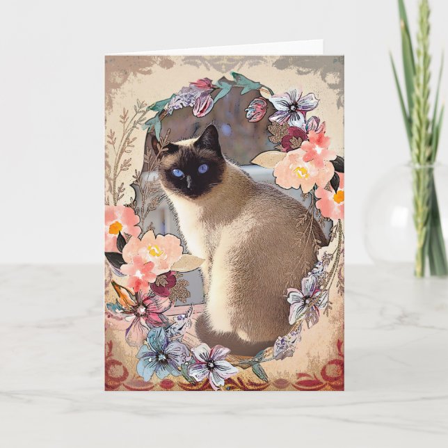 Pretty Spring Garden Siamese Cat Card (Front)