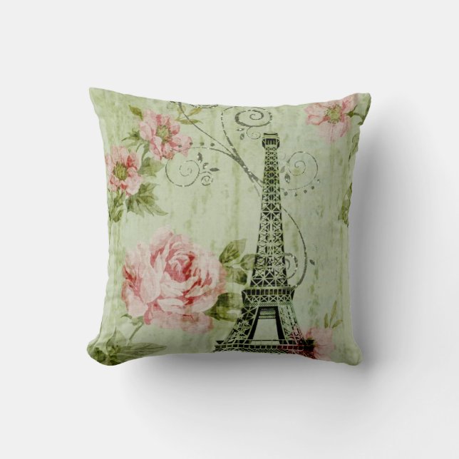 pretty spring mint pink floral paris eiffel tower cushion (Front)