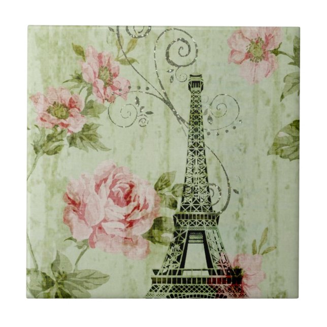 pretty spring mint pink floral paris eiffel tower tile (Front)