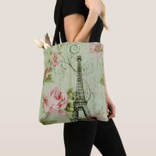 pretty spring mint pink floral paris eiffel tower tote bag