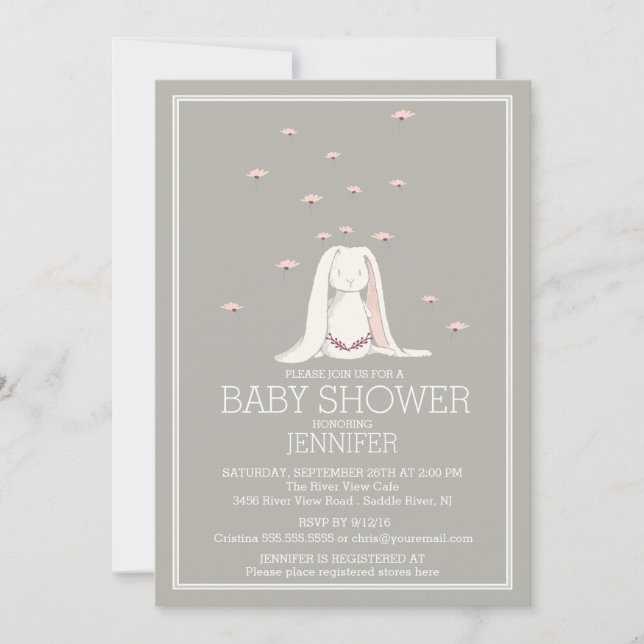 Pretty Spring Pink Girl Bunny Baby Shower Invitation (Front)