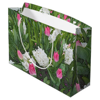 pretty spring pink tulip, white hyacinth flowers large gift bag