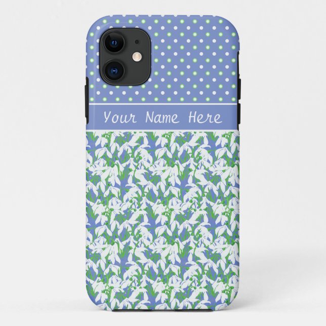 Pretty Spring Snowdrops with Polka Dots on Blue Case-Mate iPhone Case (Back)