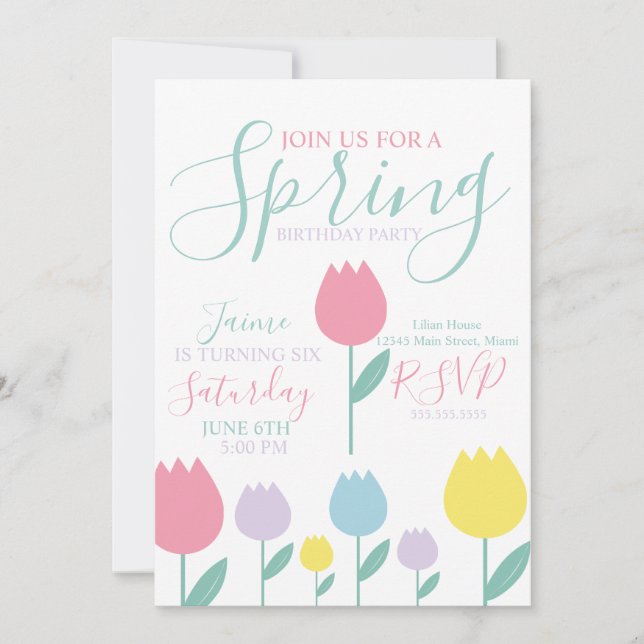 Pretty Spring Tulips Pastel Floral Birthday Party Invitation (Front)