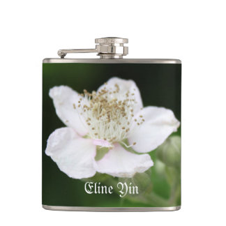 Pretty spring white raspberry flower photography hip flask
