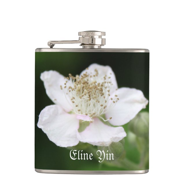 Pretty spring white  raspberry flower photography hip flask (Front)