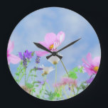 Pretty Spring Wild Flowers Large Clock<br><div class="desc">Pretty pink flowers and lavender meadow on a bright spring day against a blue sky.</div>