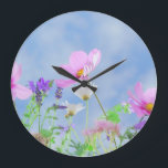 Pretty Spring Wild Flowers Large Clock<br><div class="desc">Pretty pink flowers and lavender meadow on a bright spring day against a blue sky.</div>