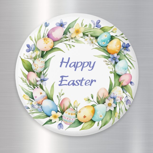 Pretty Spring Wreath Flowers Eggs Happy Easter Magnet (A pretty magnet with 'Happy Easter' greeting and watercolor-style wreath with eggs and Spring blooms)