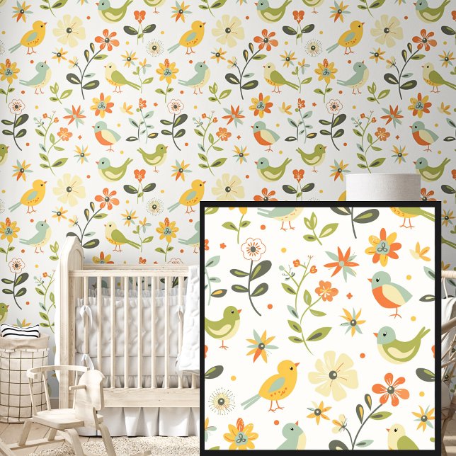 Pretty Springtime Flowers Birds Green Yellow Wallpaper (Creator Uploaded)
