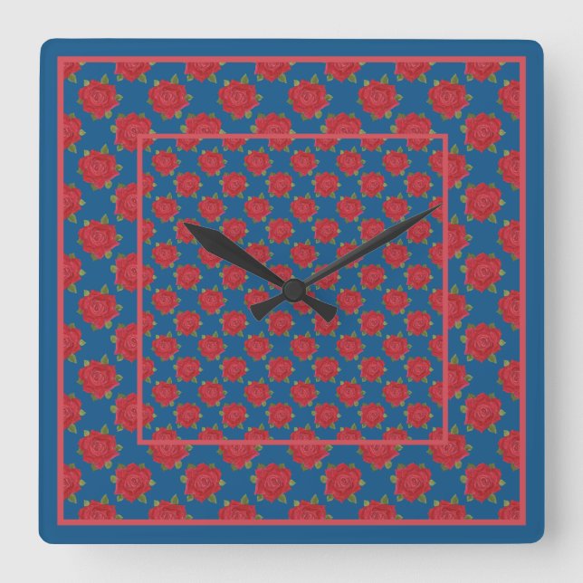 Pretty Square Wall Clock: Red Roses on Blue Clock (Front)