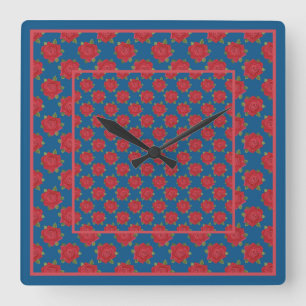 Pretty Square Wall Clock: Red Roses on Blue Clock