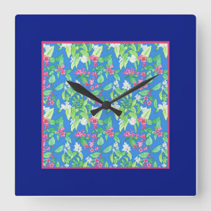 Pretty Square Wall Clock, Spring Blossoms, Blue Clock