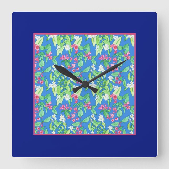 Pretty Square Wall Clock, Spring Blossoms, Blue Square Wall Clock (Front)