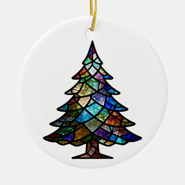 Pretty Stained Glass Pine Tree Family Photo Ceramic Tree Decoration (Front)