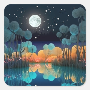 Pretty Starry Sky Full Moon Lake Scene Square Sticker