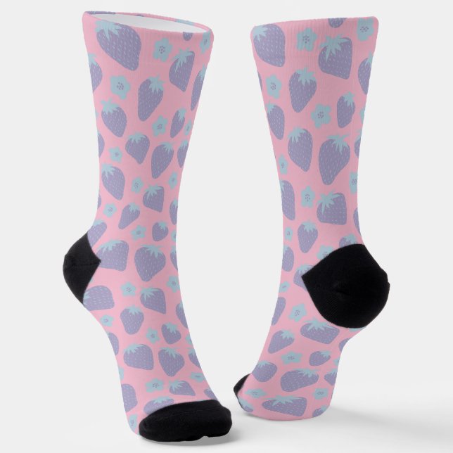 Pretty strawberries pattern in Lilac and Blue Socks (Angled)
