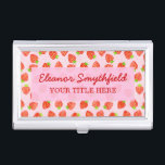 Pretty Strawberry Cream Pattern Personalised Business Card Holder<br><div class="desc">This pretty, girly design for foodies or lovers of fruit has a strawberry pattern that's done with a gradient / watercolor effect. The strawberries rest on a light pink, slightly mottled background. There's a pink banner where you can add your personal details in elegant red cursive. If you love strawberries,...</div>